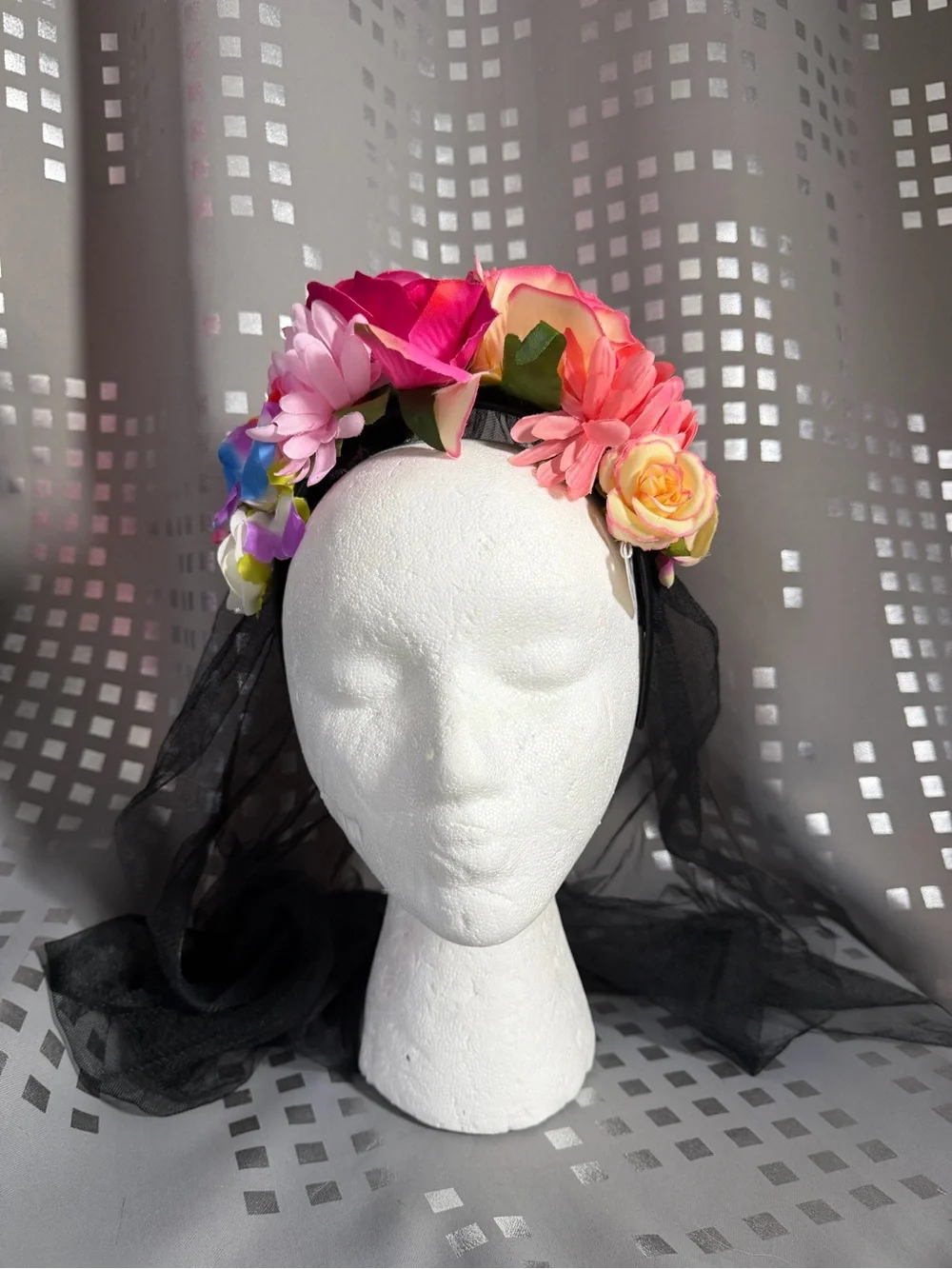 Adult Floral Multicolor Headband with Black Veil
